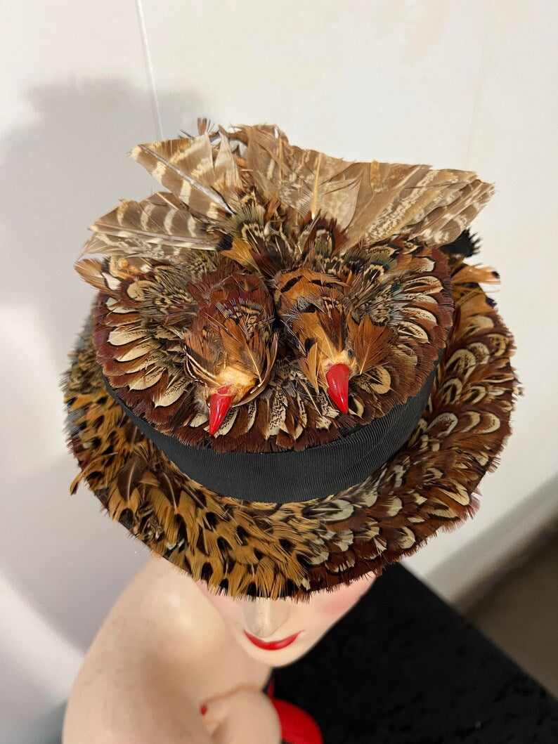 SOLD! 1930 1940 Vintage Pheasant Feather Tilt Hat on Deep Rich Black Wool Felt Fabulous Very Desired