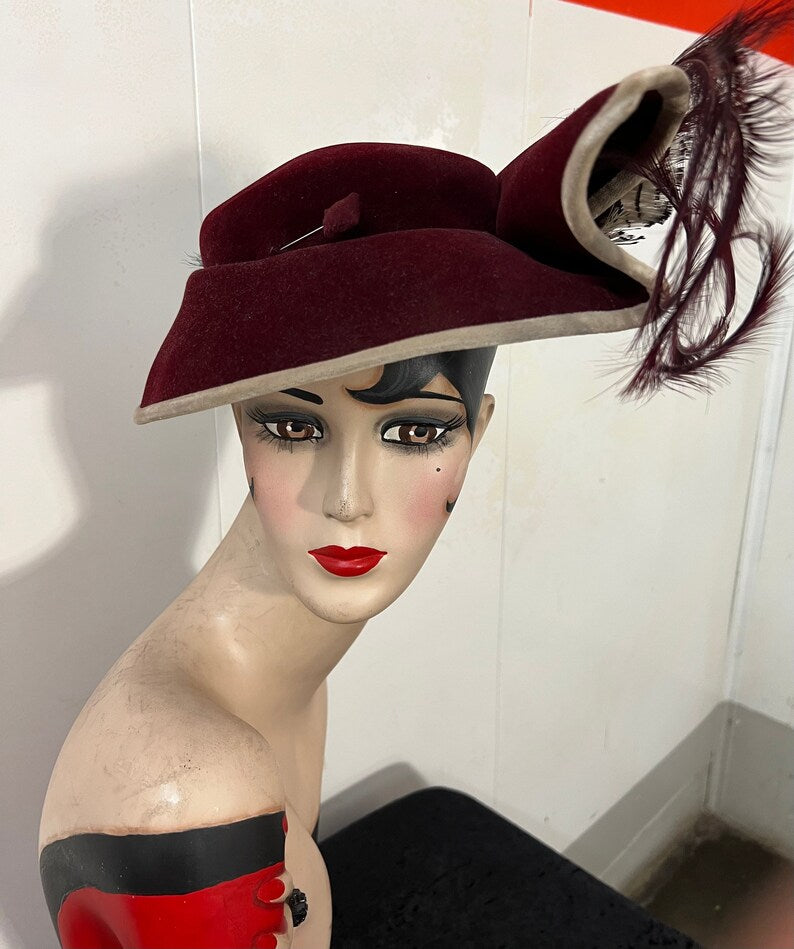 1940 Vintage Rare I & N Gorrias French Millinery Burgundy Tilt Hat Embellished with Feathers Fabulous Find