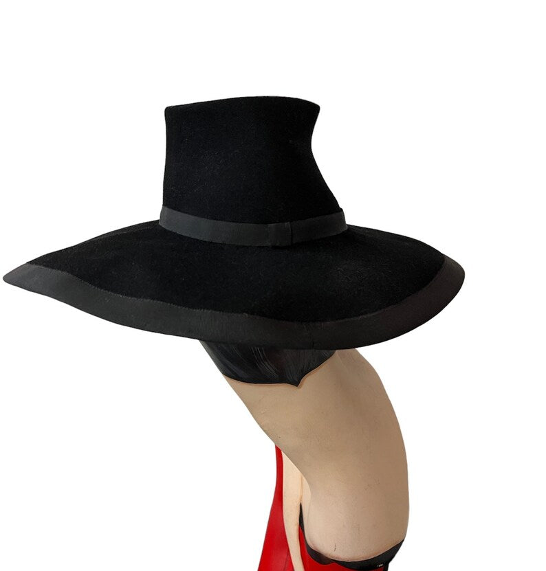 SOLD! 1940's Vintage Wide Brim High Crown Hat Deep Rich Black Wool Felt Fabulous Very Desired