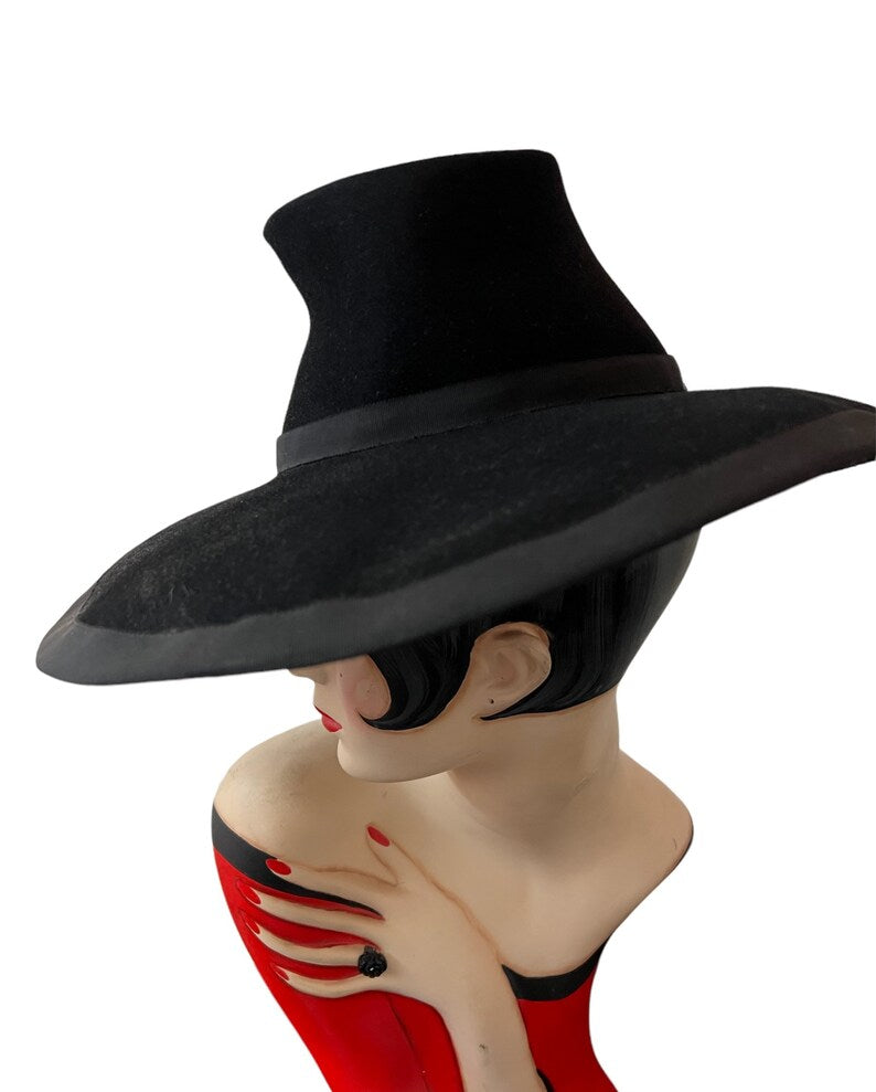 SOLD! 1940's Vintage Wide Brim High Crown Hat Deep Rich Black Wool Felt Fabulous Very Desired