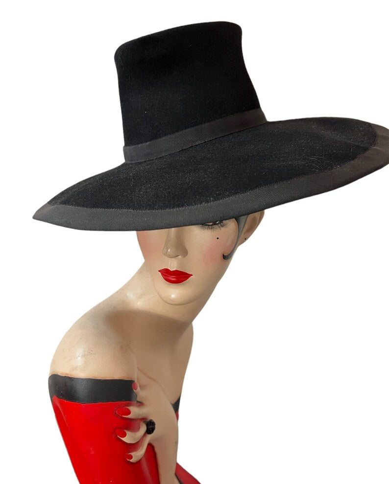 SOLD! 1940's Vintage Wide Brim High Crown Hat Deep Rich Black Wool Felt Fabulous Very Desired