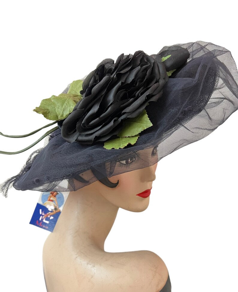 SOLD!1940's Vintage Wide Brim Navy Blue Straw & Tulle Open Crown Original Silk Rose Hat