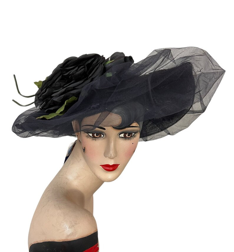 SOLD!1940's Vintage Wide Brim Navy Blue Straw & Tulle Open Crown Original Silk Rose Hat