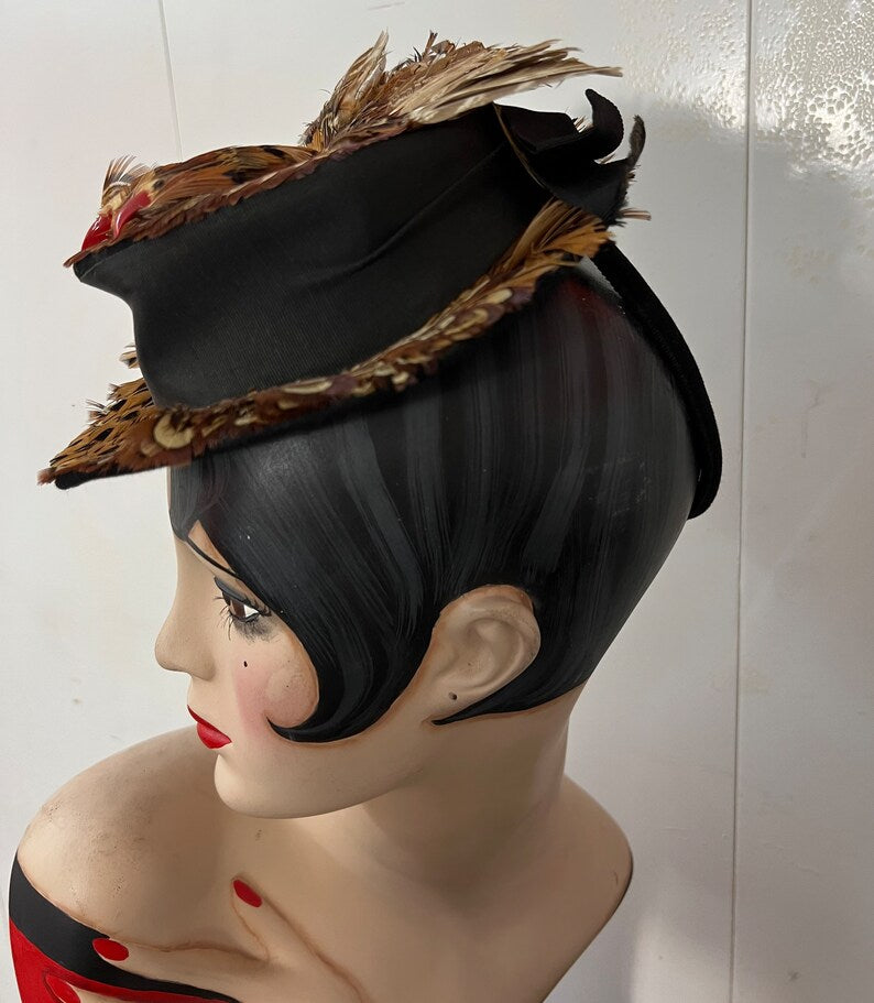 SOLD! 1930 1940 Vintage Pheasant Feather Tilt Hat on Deep Rich Black Wool Felt Fabulous Very Desired