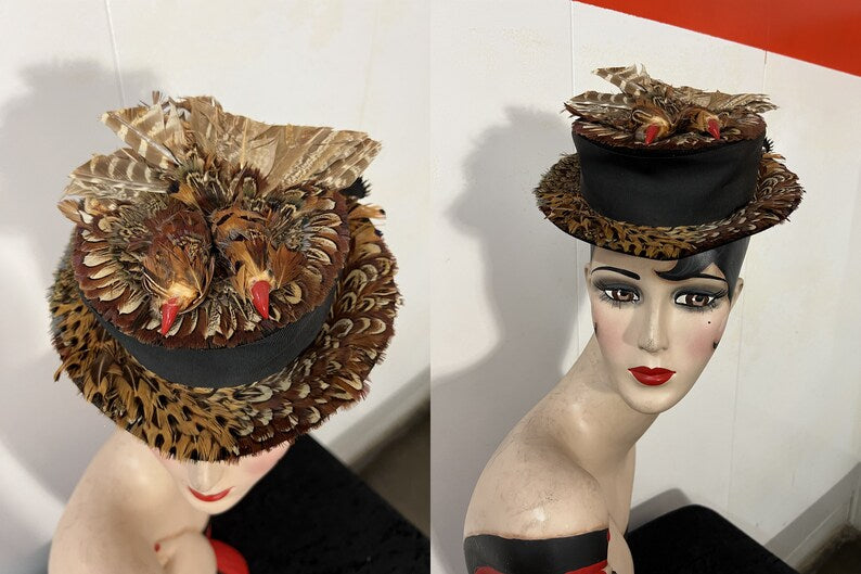 SOLD! 1930 1940 Vintage Pheasant Feather Tilt Hat on Deep Rich Black Wool Felt Fabulous Very Desired