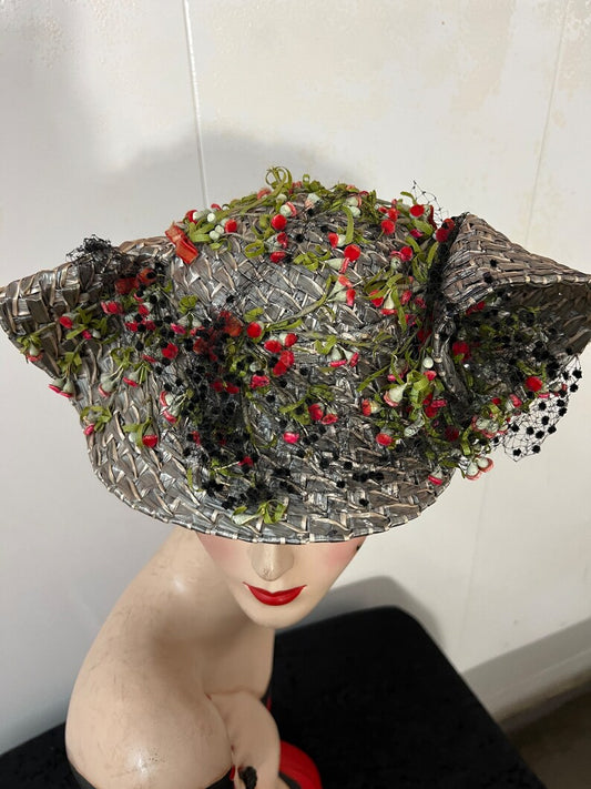 1940 Vintage Rare I & N Gorrias French Millinery Grey Straw Tilt Hat Fabulous Find