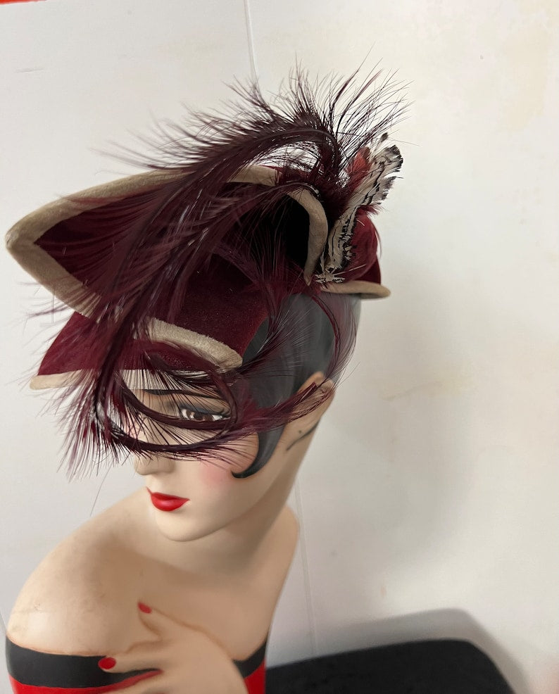 1940 Vintage Rare I & N Gorrias French Millinery Burgundy Tilt Hat Embellished with Feathers Fabulous Find