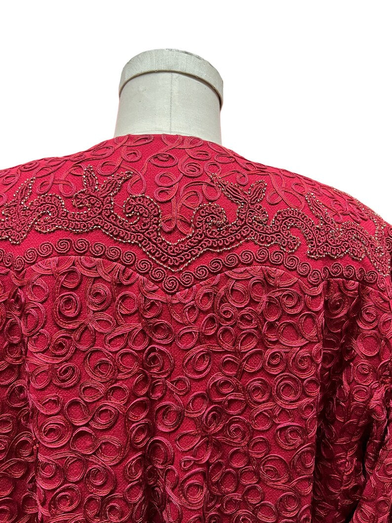 1940s Soft Wool Fuchsia Red Soutache Embellished Evening Full Swing Coat Large Size Perfect