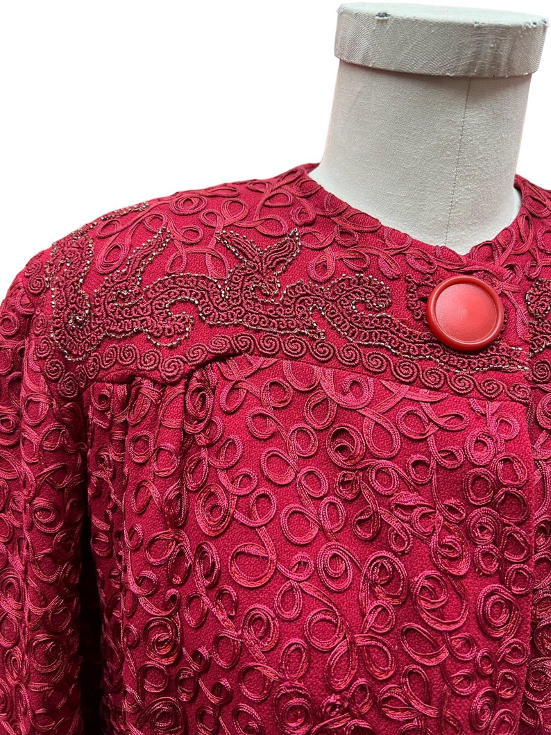 1940s Soft Wool Fuchsia Red Soutache Embellished Evening Full Swing Coat Large Size Perfect