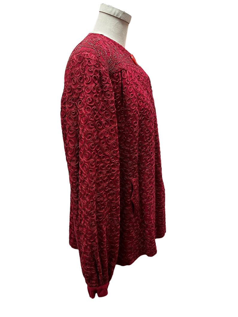 1940s Soft Wool Fuchsia Red Soutache Embellished Evening Full Swing Coat Large Size Perfect