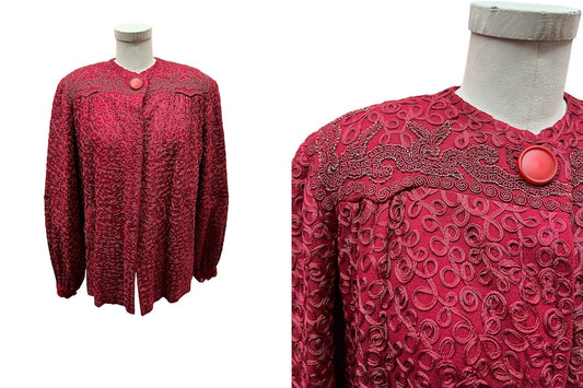 1940s Soft Wool Fuchsia Red Soutache Embellished Evening Full Swing Coat Large Size Perfect