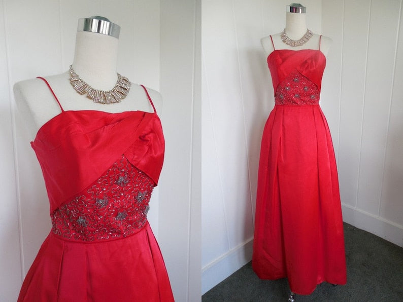 1950 1960 Vintage Red Satin Gown with Bead Details Just Gorgeous