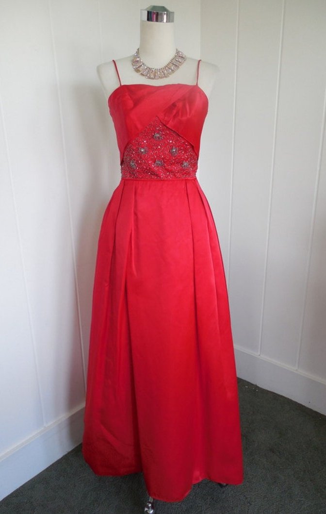 1950 1960 Vintage Red Satin Gown with Bead Details Just Gorgeous