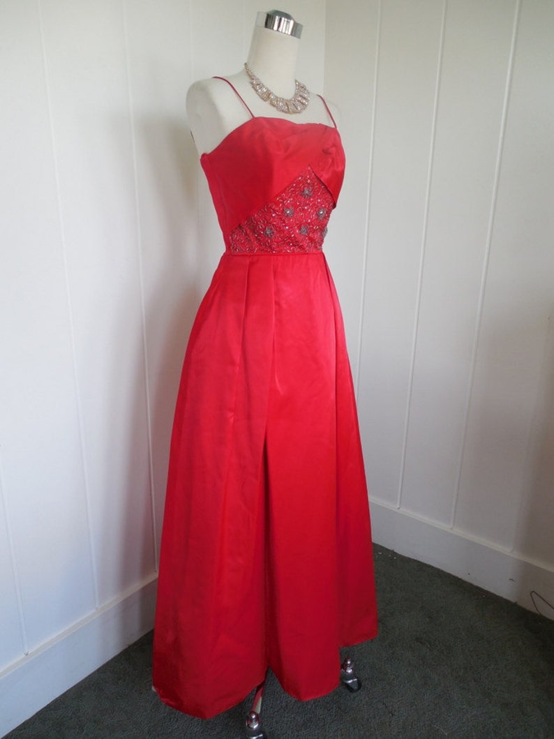 1950 1960 Vintage Red Satin Gown with Bead Details Just Gorgeous