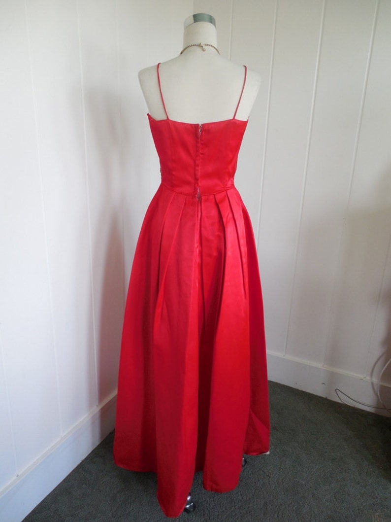 1950 1960 Vintage Red Satin Gown with Bead Details Just Gorgeous