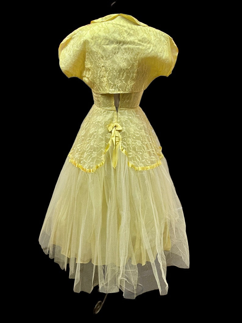 1950's Vintage Yellow Tulle and Lace Party Prom Dress with Matching Bolero Cup Cake