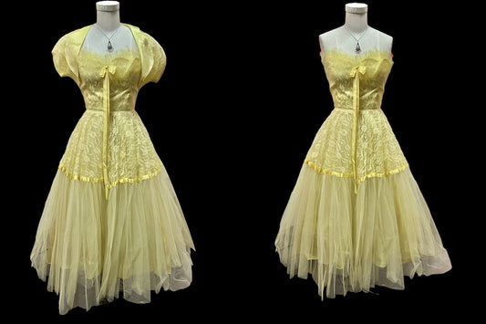 1950's Vintage Yellow Tulle and Lace Party Prom Dress with Matching Bolero Cup Cake