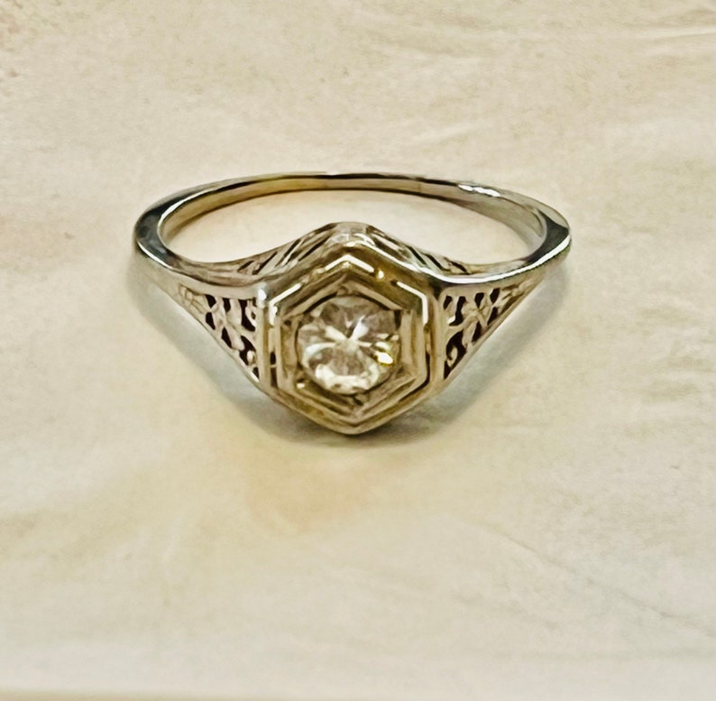 Antique Estate 1900's 1920's Art Deco Vintage 18K White Gold .50CT Diamond Filigree Ring