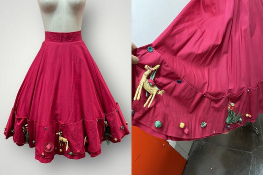 1950 Rare Vintage Mexican Design Circle Skirt Dark Fuchsia with 3D Straw Weaved Applique Figures