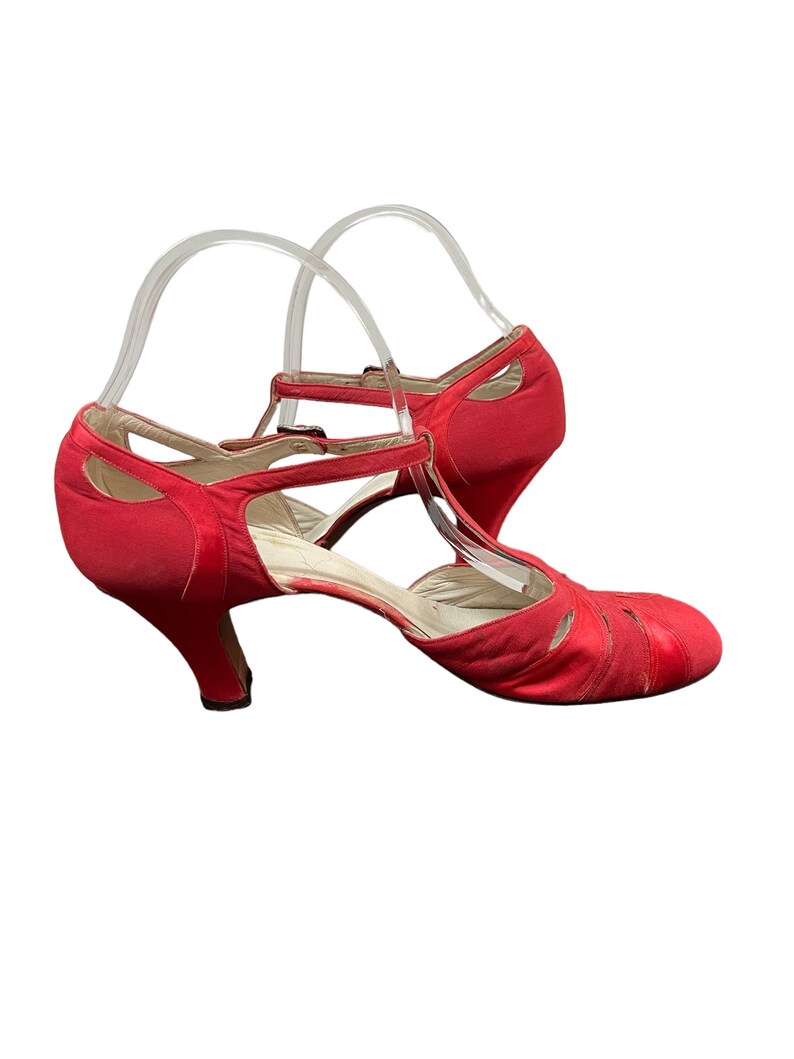 SOLD! 1920 Rare Vintage Size 9 Red Satin & Taffeta T Strap Evening Shoes Heels