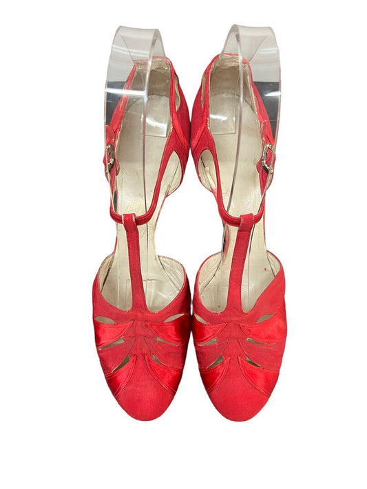 SOLD! 1920 Rare Vintage Size 9 Red Satin & Taffeta T Strap Evening Shoes Heels