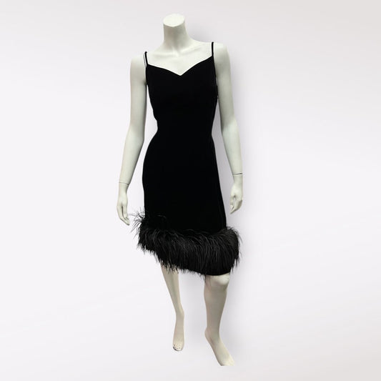 1960 Vintage Black Silk Velvet Cocktail Dress with Feather Trim Just Gorgeous