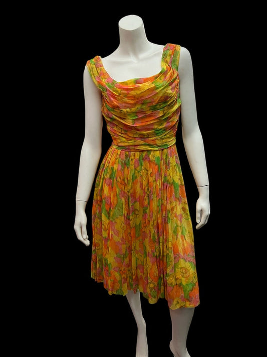 1950 Vintage Lilli Diamond Multi Color Chiffon Cocktail Dress Just Gorgeous