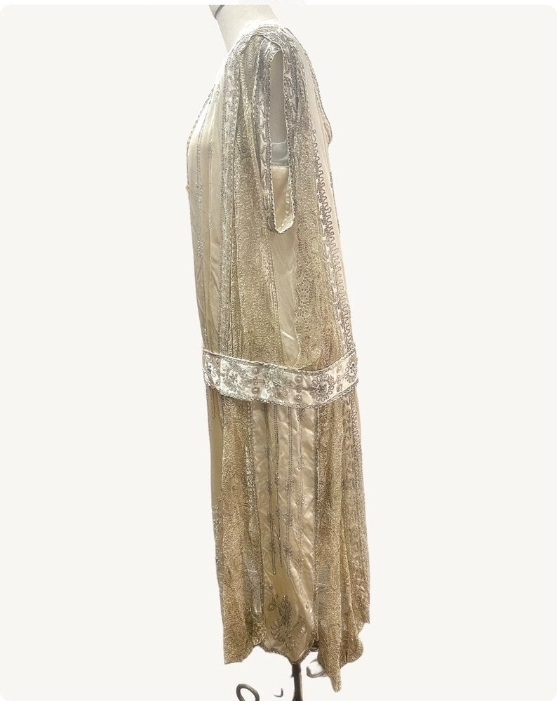 SOLD! 1920 Vintage Antique Lovely Silk Satin & Lace Heavily Beaded Evening Gown Gorgeous