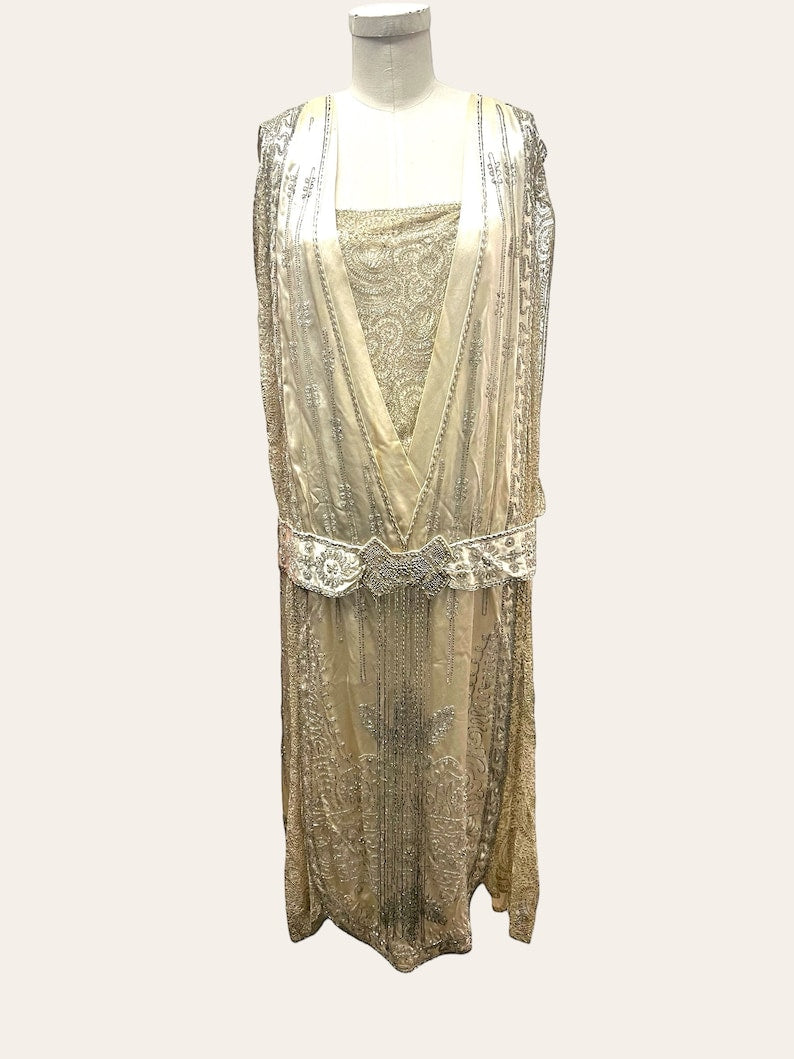 SOLD! 1920 Vintage Antique Lovely Silk Satin & Lace Heavily Beaded Evening Gown Gorgeous