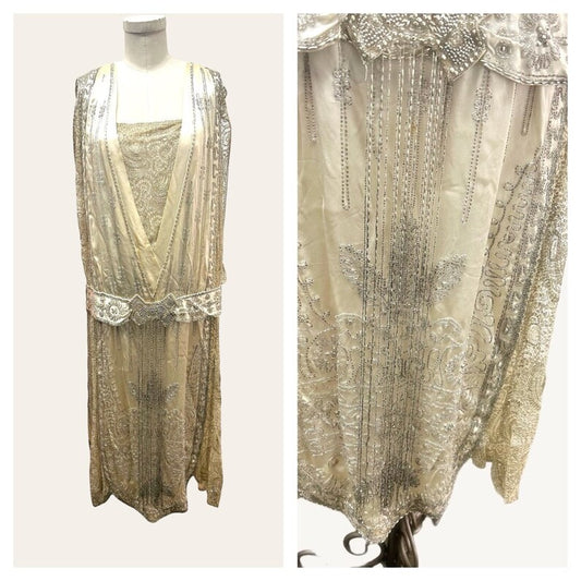 SOLD! 1920 Vintage Antique Lovely Silk Satin & Lace Heavily Beaded Evening Gown Gorgeous