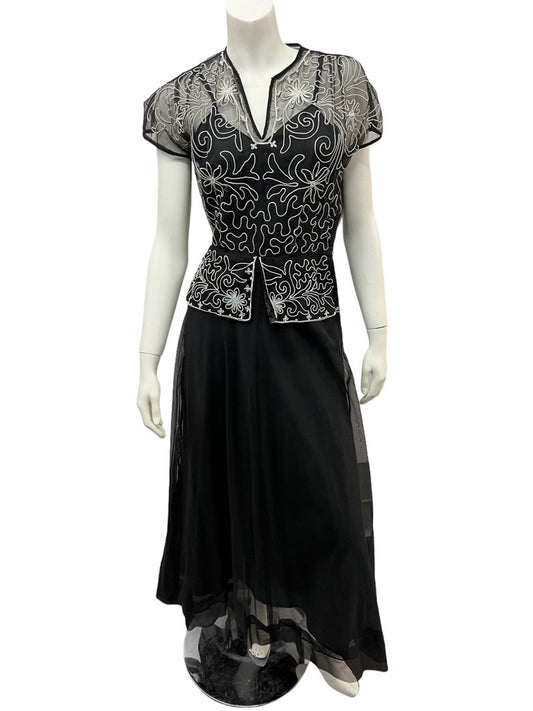 1930s 1940s Vintage Black Evening Gown with Soutache Embellishments Gorgeous