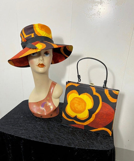 1960 Vintage Orange Yellow Black Print Fedora High Crown Hat Matching Hand Bag Set