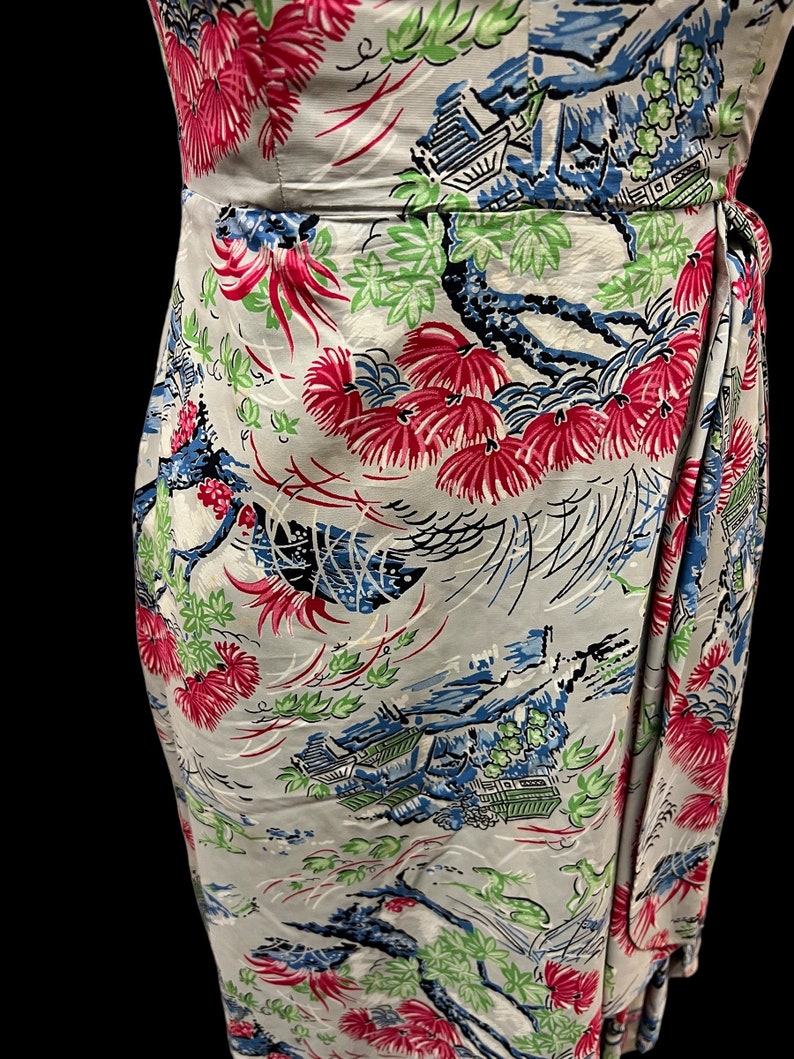 1940 Vintage Cold Rayon Hawaiian Print Sarong Dress Rockabilly VLV Rockabilly