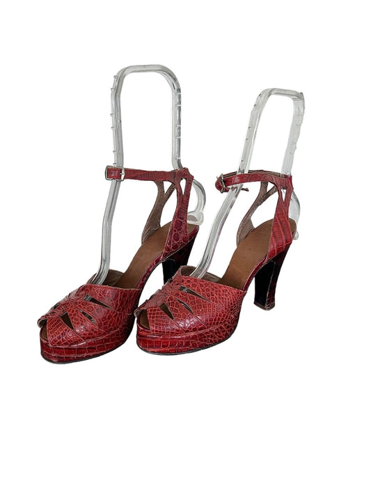 SOLD! 1940 Deep Red Leather Platform Ankle Strap Heels Size 5 1/2 M