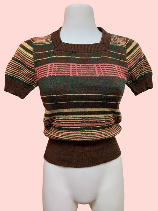 SOLD! 1960 Does 1940 Vintage Pullover Short Waist Brown Stripped Sweater Perfect