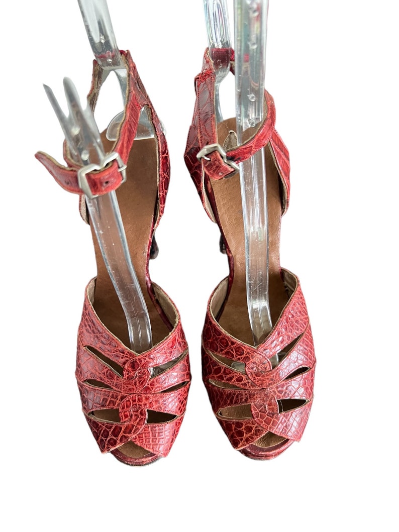 SOLD! 1940 Deep Red Leather Platform Ankle Strap Heels Size 5 1/2 M