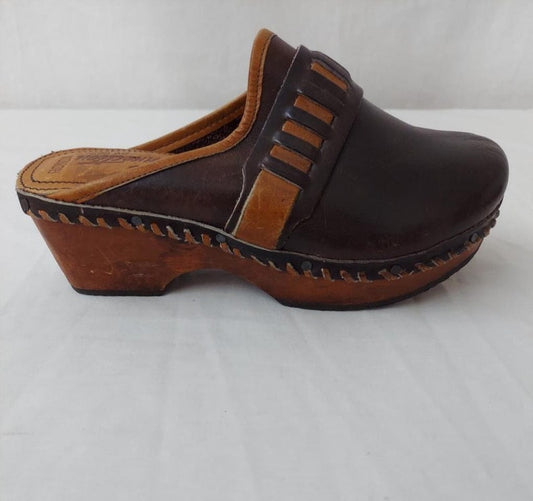 1970 Vintage Cobec Wood & Leather Clogs So Cool! Size 6