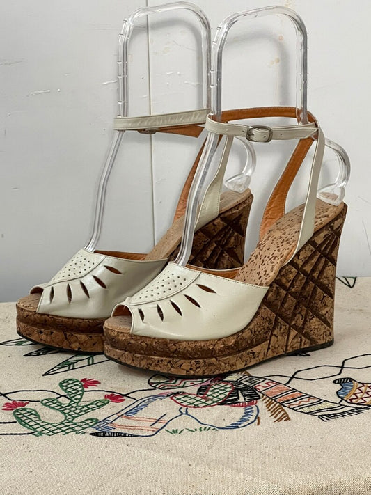 1970 Vintage Leather Ankle Strap Cork Platform Wedge Shoes Size 8