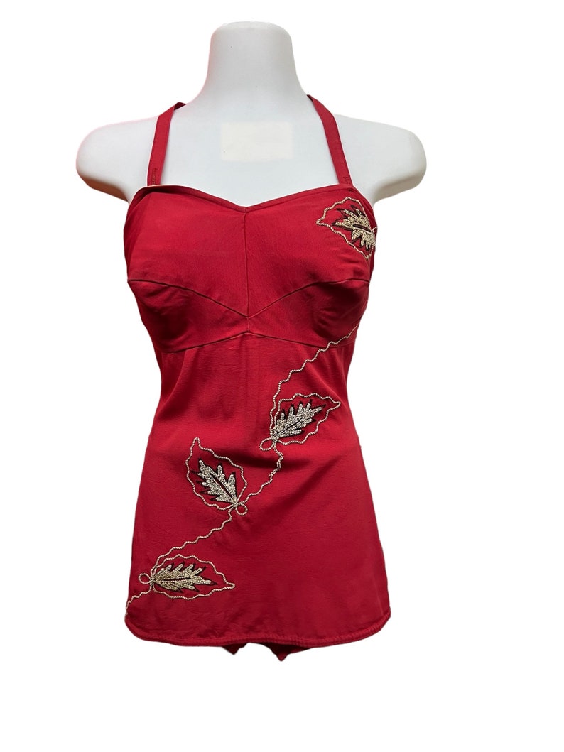 1940 Vintage Large Size 16 Red Swimsuit With Soutache Leaf Embellishments