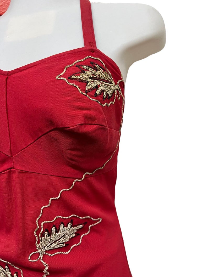 1940 Vintage Large Size 16 Red Swimsuit With Soutache Leaf Embellishments