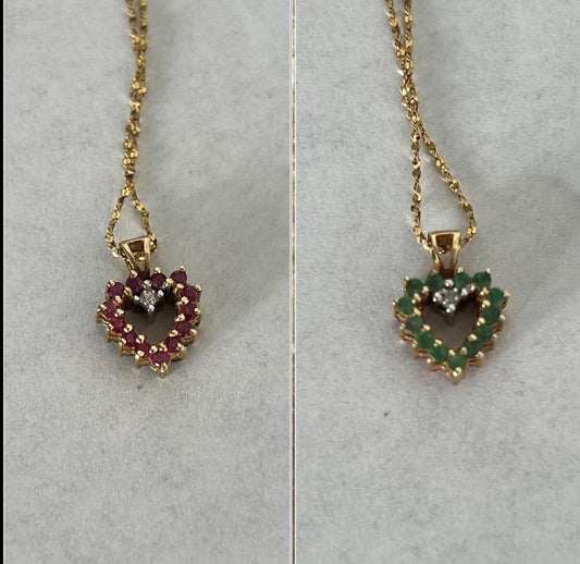 Antique Vintage 14KT Rubies Emeralds Diamond Heart Pendent