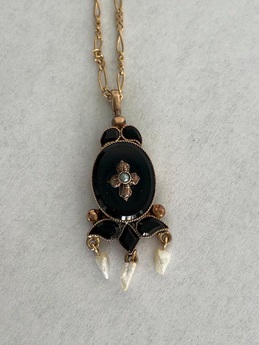 SOLD 1800's-1900's Antique Vintage 14KT Black Onyx with Pearls Pendent