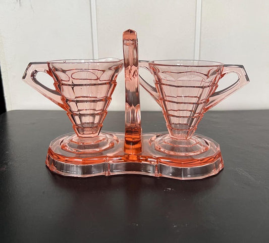 Vintage Art Deco Indiana Co Pink Depression Glass Tea Room Sugar Creamer and Holder