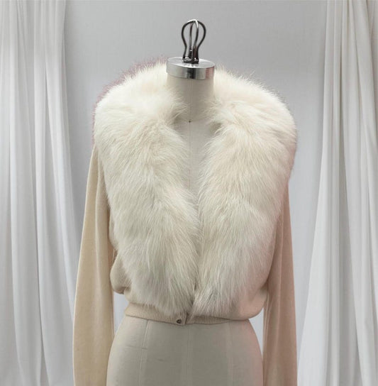 SOLD! 1950 Vintage Cashmere Cream Soft Waist Length Sweater with Full Fox Fur Collar