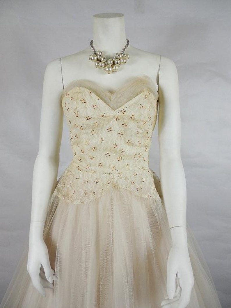 NOW ON SALE! 1950's Vintage White Tulle Prom Dress with Red Glitter