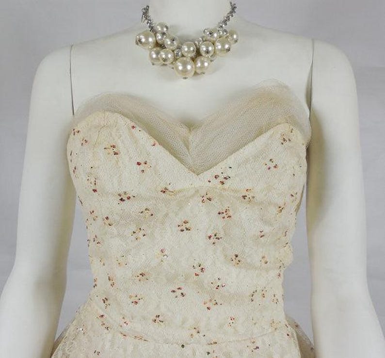 NOW ON SALE! 1950's Vintage White Tulle Prom Dress with Red Glitter