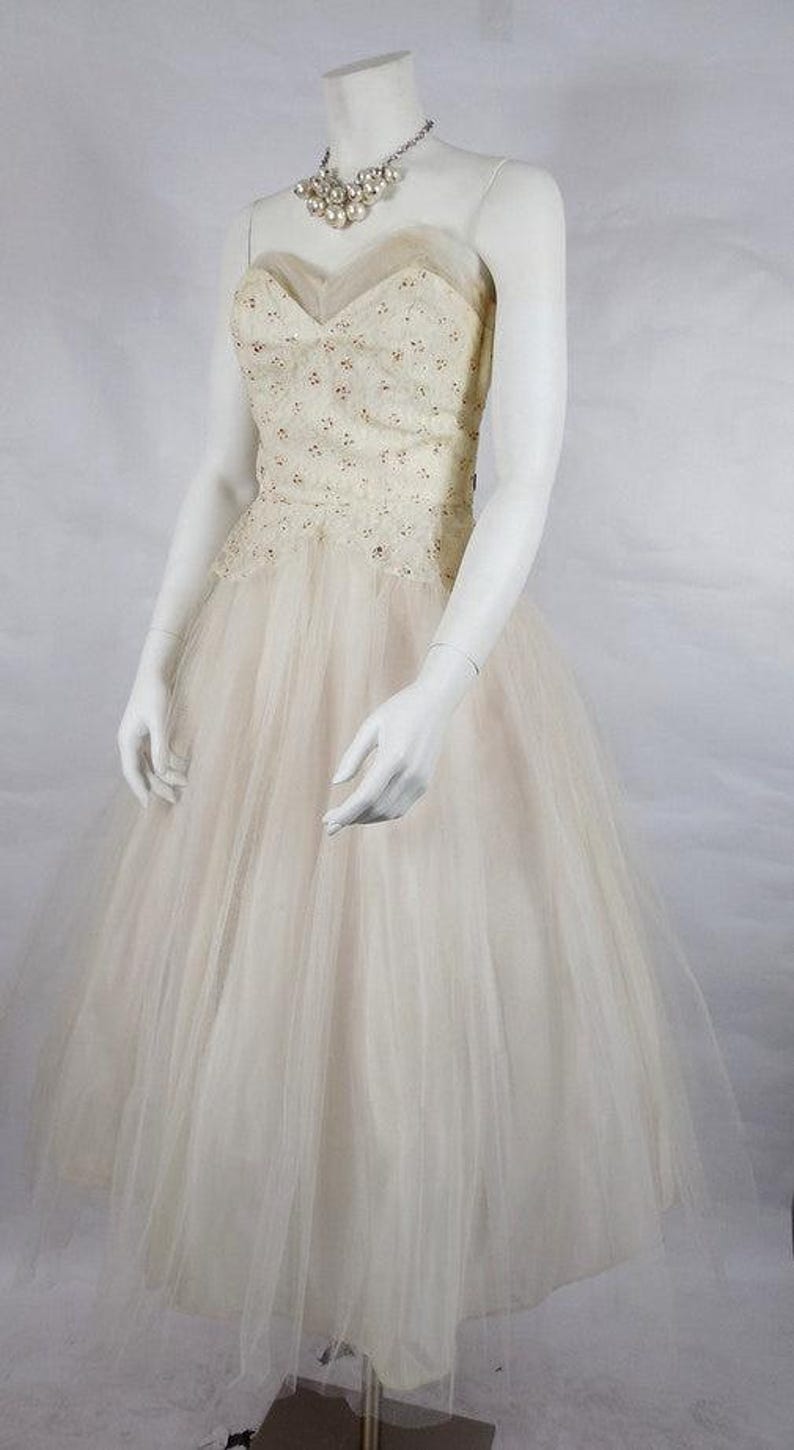 NOW ON SALE! 1950's Vintage White Tulle Prom Dress with Red Glitter