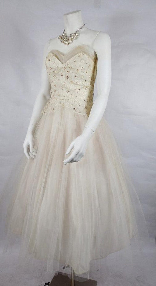 NOW ON SALE! 1950's Vintage White Tulle Prom Dress with Red Glitter