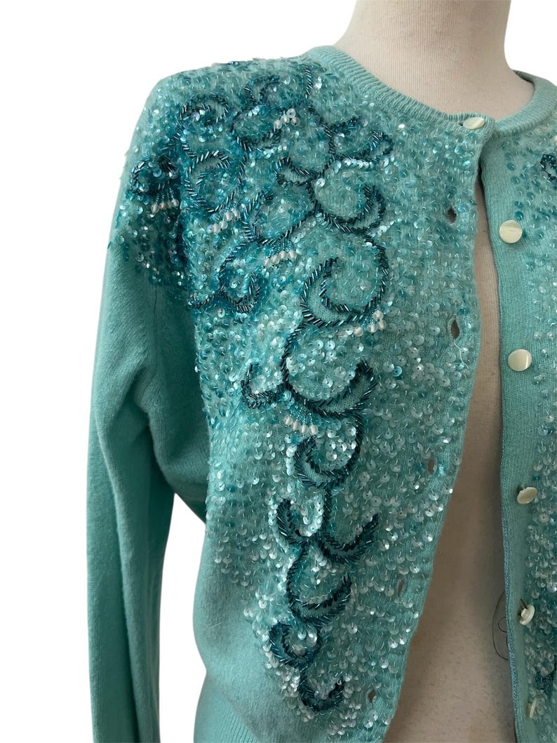 1950 Vintage Teal Blue Soft Waist Length Sweater with Embellished Bead Work