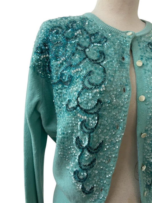 1950 Vintage Teal Blue Soft Waist Length Sweater with Embellished Bead Work